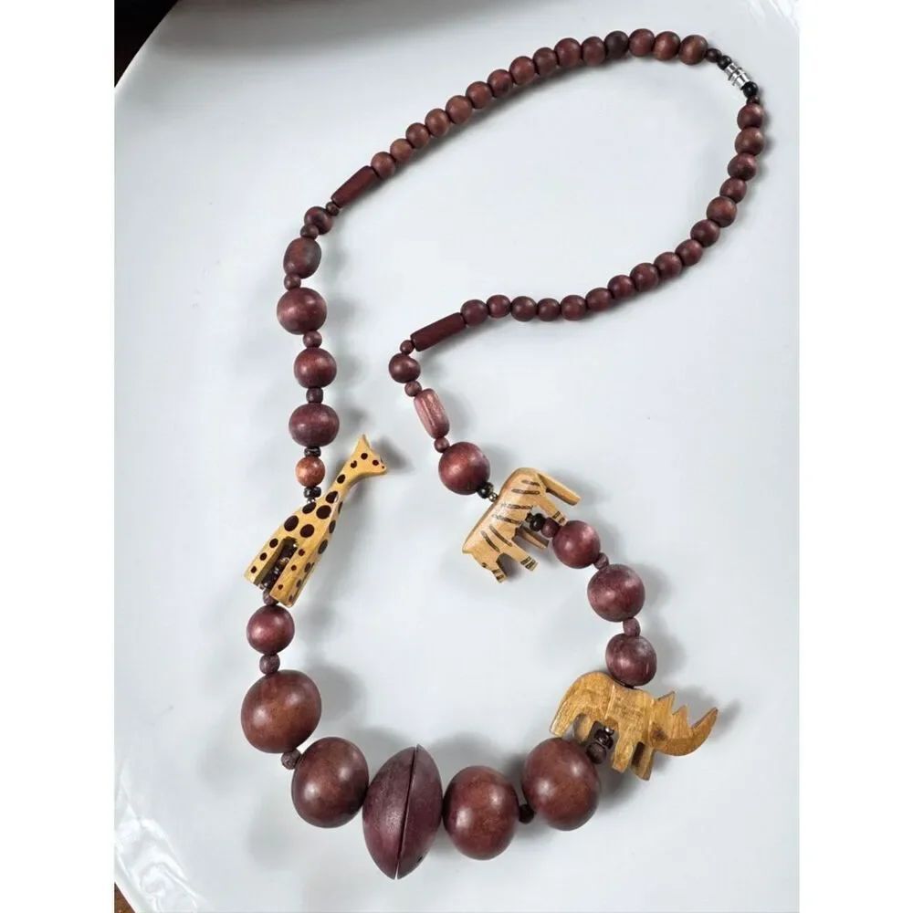 Vintage Handcrafted Brown Wooden Bead Necklace with Animal Pendants